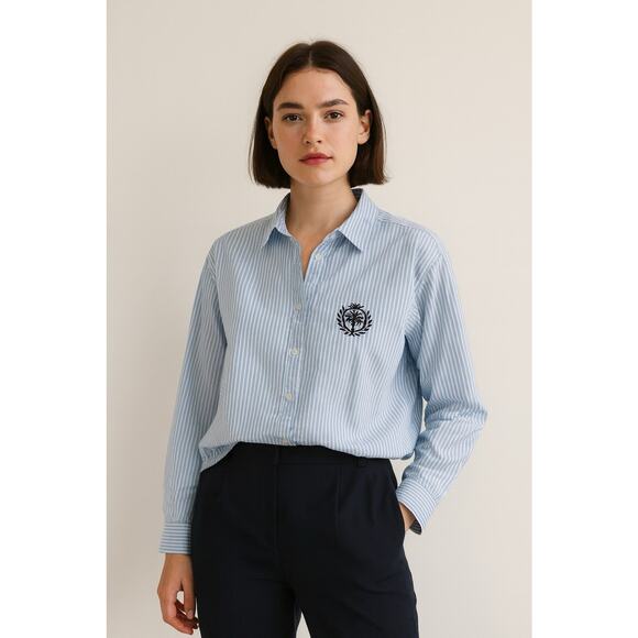 Loft Womens Top L Blue Striped Poplin Crest Everyday Oversized Preppy Academia - Picture 1 of 7